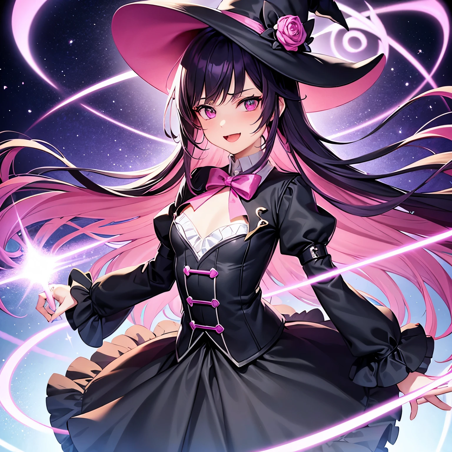  boy magically transformed into a cute witch girl, gender bending, anime style, pink eyes, long black hair with pink dye, is happy, effeminate face, stunning black Victorian dress, pointy hat (best quality, ultra-detailed), rosy cheeks, enchanting smile, magical wand in hand, surrounded by floating glowing crystals, whimsical background, soft lighting, vibrant colors.