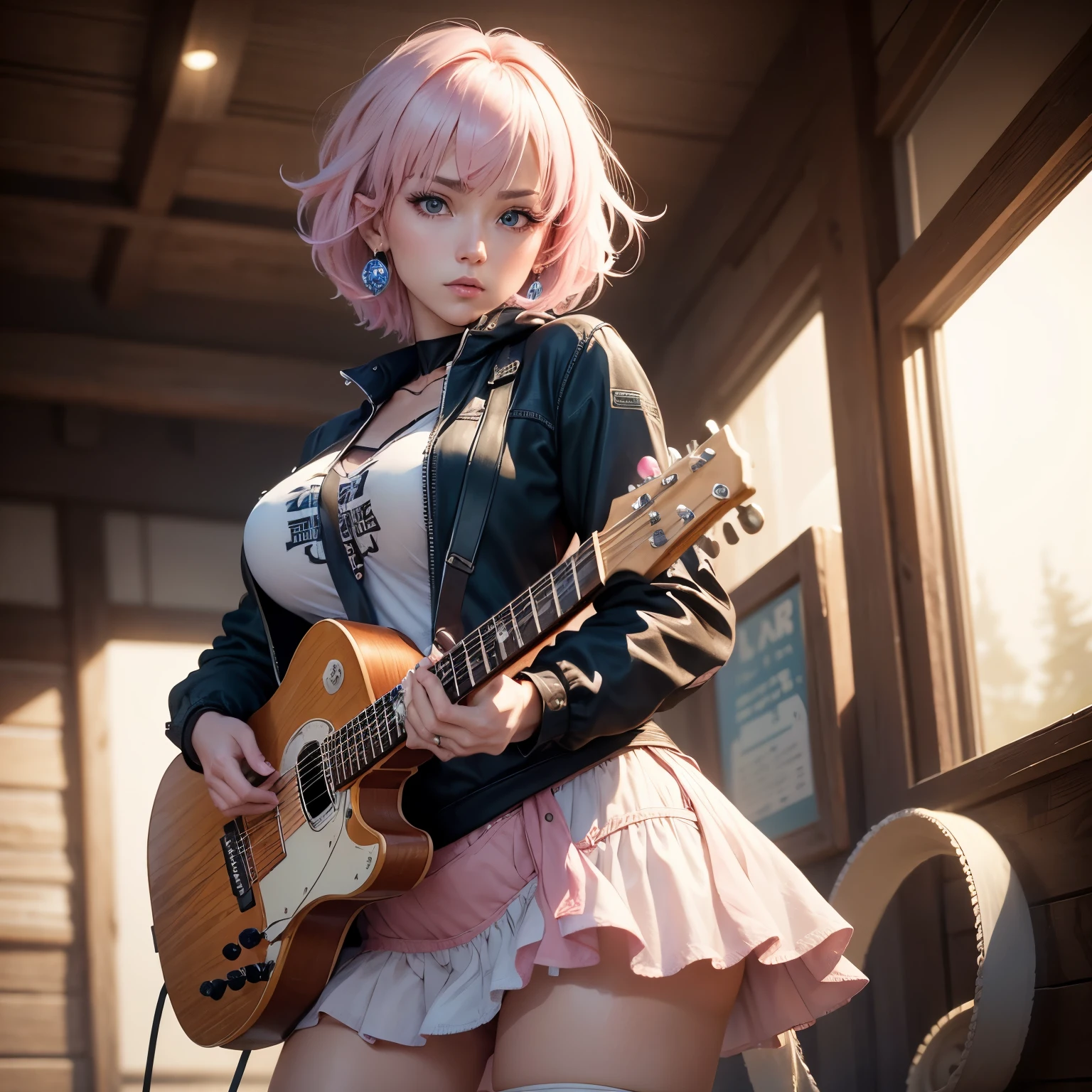 8k, masterpiece, best quality, realistic, higly detailed, cowboy shot, 1girl, solo, Ichika Nakano, very short hair that has a single long strand on the right side, white-pink hair, a single earring, dark blue eyes, average height, well-endowed figure, large breasts, cute, Rock Singer, Rock clothes