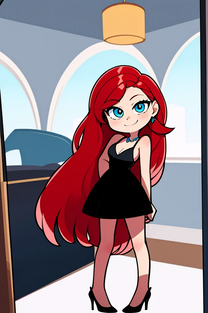 1 girl, Teenage, Red hair, Long Red hair, Medium Hair, Blue eyes, bare shoulders, little black dress, short black dress, skin-tight dress, white high heels, cleavage, standing up, Smile, room, indoor, window, daylight at the city, Sexy, masterpiece, High quality. 2D illustration