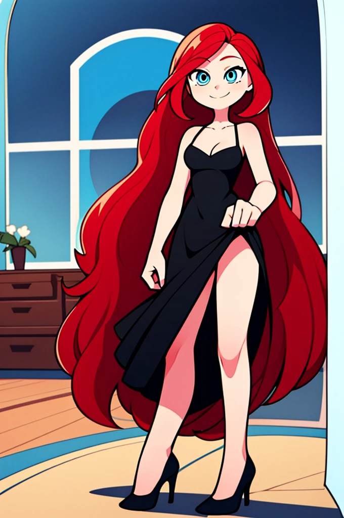 1 girl, , Red hair, Long Red hair, Medium Hair, Blue eyes, bare shoulders, little black dress, short black dress, skin-tight dress, white high heels, cleavage, standing up, Smile, room, indoor, window, daylight at the city, Sexy, masterpiece, High quality. 2D illustration
