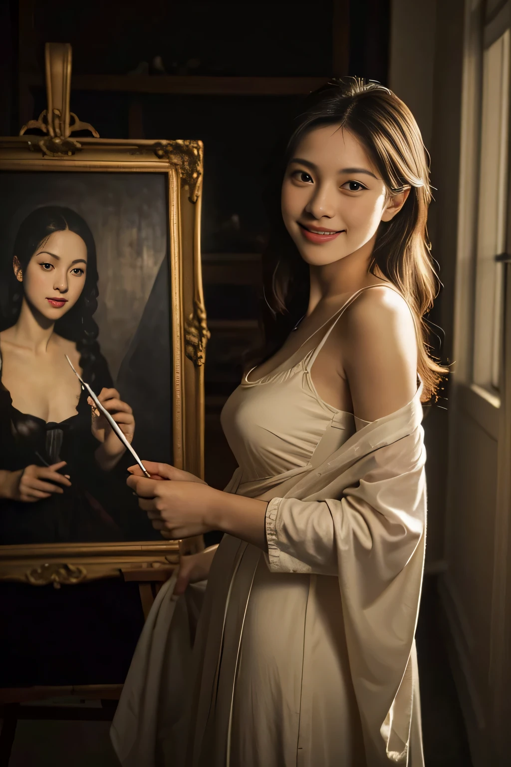 A woman paints an oil painting on a canvas in her atelier,Easel,antique,A smile,,Sweet and seductive appearance.、Caravaggio's paintings、Chiaroscuro of Caravaggio,,Cute smile, Expression of ecstasy,erotick,A sexy,Seduce you,pen,oil painting palette