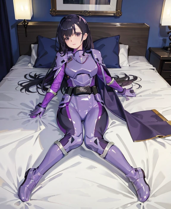 (Highly detailed CG), (highest quality), 1 girl, perfect face,  shiny skin, Glossy skin, wide hips,tight waist, solo 1 girl papillion auger, , cape, armor, belt, body suit, purple cape, purple body suit, gloves, buckle, black hair, left hair over one eye ,, purple eyes, No expression, long hair,Naked girl lying on bed, indoors,full body shot，