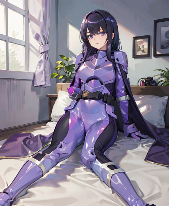 (Highly detailed CG), (highest quality), 1 girl, perfect face,  shiny skin, Glossy skin, wide hips,tight waist, solo 1 girl papillion auger, , cape, armor, belt, body suit, purple cape, purple body suit, gloves, buckle, black hair, left hair over one eye ,, purple eyes, No expression, long hair,Naked girl lying on bed, indoors,full body shot，