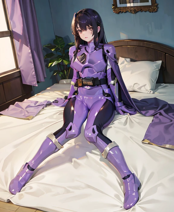 (Highly detailed CG), (highest quality), 1 girl, perfect face,  shiny skin, Glossy skin, wide hips,tight waist, solo 1 girl papillion auger, , cape, armor, belt, body suit, purple cape, purple body suit, gloves, buckle, black hair, left hair over one eye ,, purple eyes, No expression, long hair,Naked girl lying on bed, indoors,full body shot，