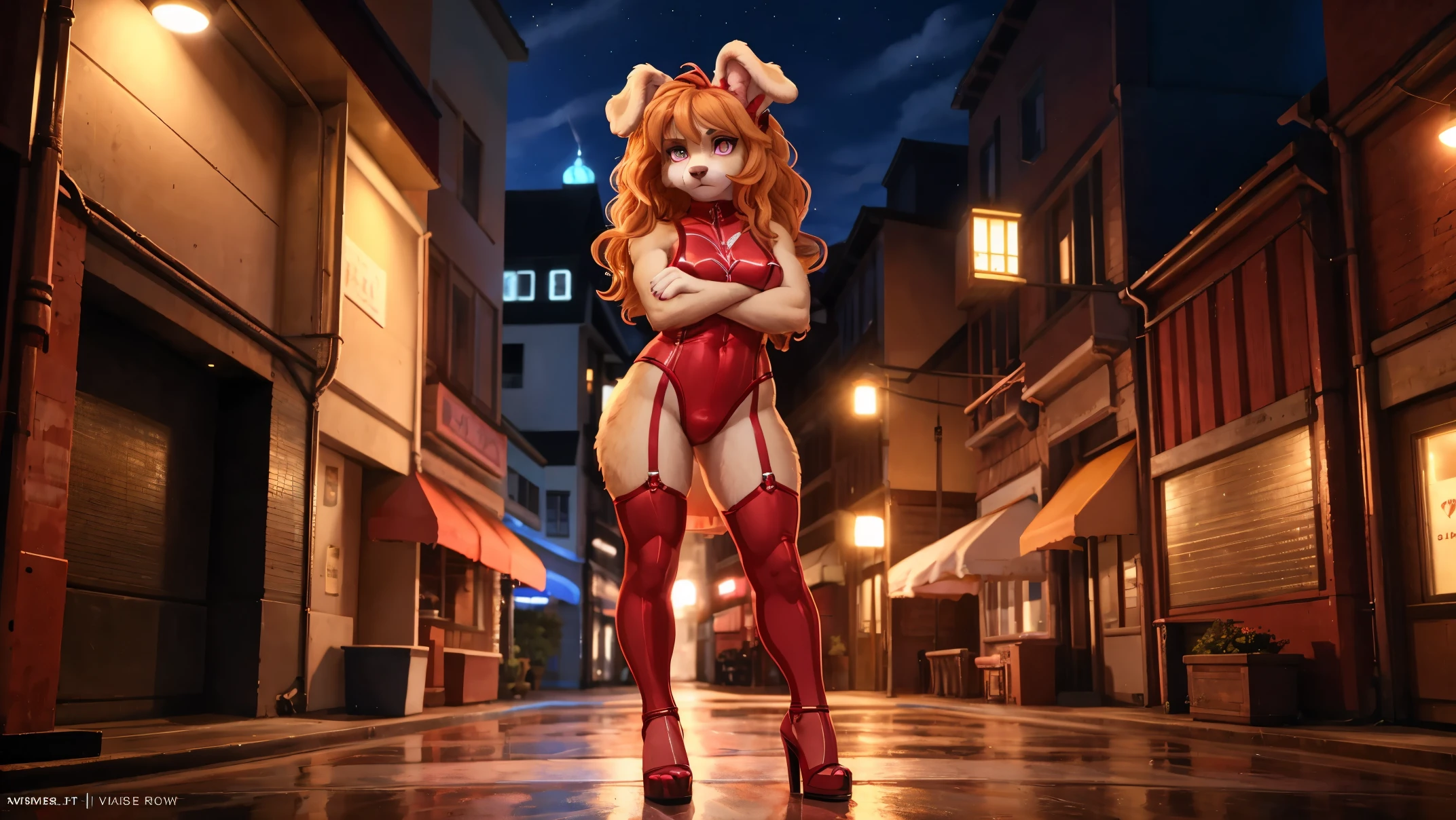 Skye, anthro, cockapoo, floppy cockapoo ears, beige tone, wavy ginger hair, magenta eyes, detailed and beautiful face, bunny hybrid,  red bunny suit outfit, red bunny ears, red stockings, heels, animal hybrid, looking annoyed, crossed arms, tall, curvy, muscular, standing, solo, extremely detailed, full body, high quality, 4K, 8K, 16K, HDR, RAW