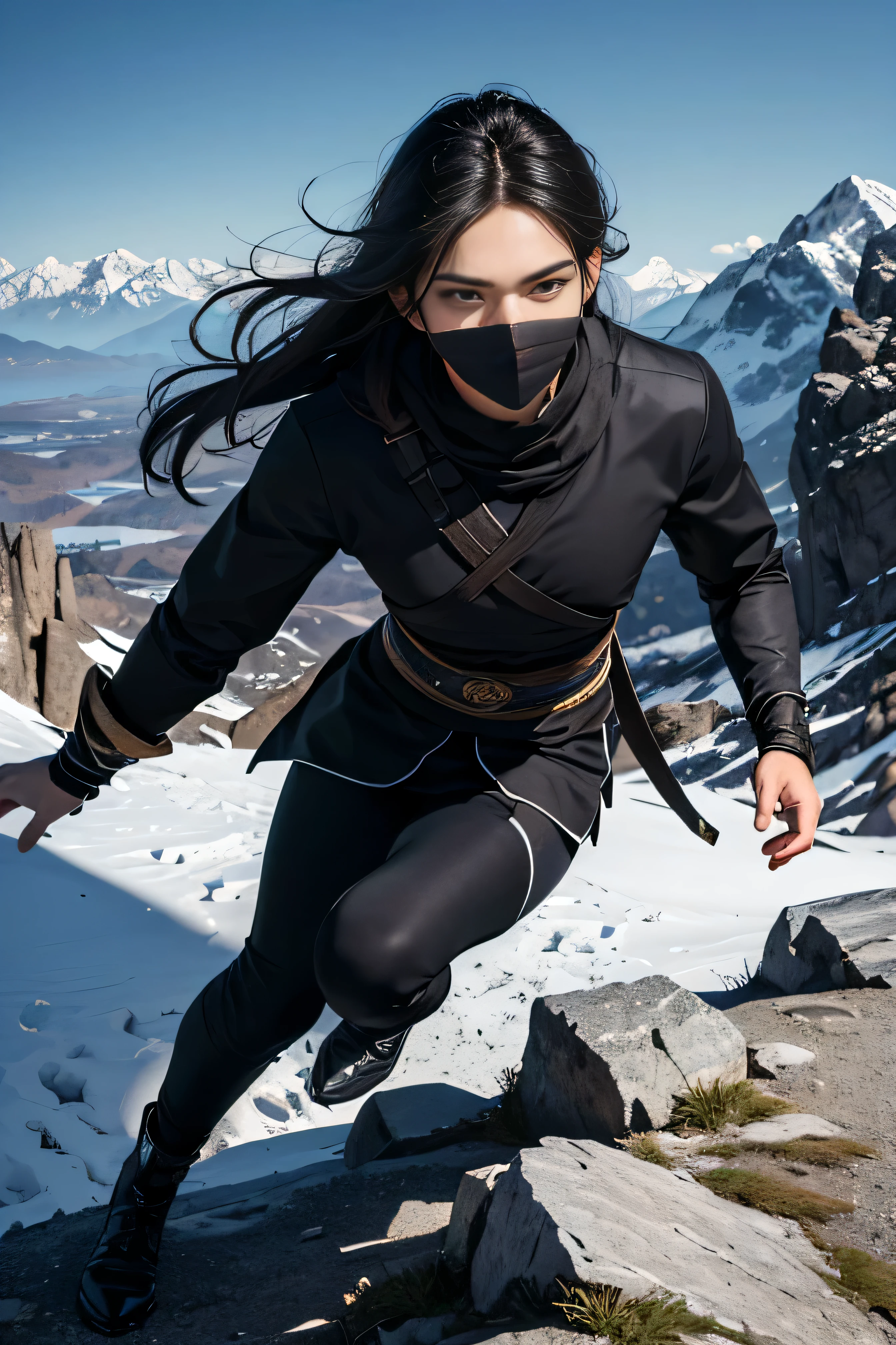 Best quality, masterpiece, ultra high res, (photorealistic:1.4), detailed face, detailed eyes, raw photo, young handsome male, black hair, (full body), perfect face, perfect hands, perfect eyes, view from top, (mountain background:1.2), (night), wearing black clothes, ((assassin)), ninja, black face covering, ((running))