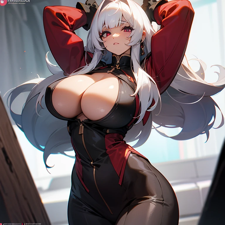 Adolecente de Cabello blanco, ojos morados, ridiculously big tits, ridiculously big and firm ass, very large and marked muscles