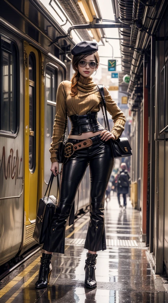 masterpiece, best quality:1.2), cowboy shot, solo, 1girl, coco adel, grin, looking at viewer, hand on hip, beret, sunglasses, orange sweater, corset, black gloves, pants, jewelry, belt, bandolier standing in train