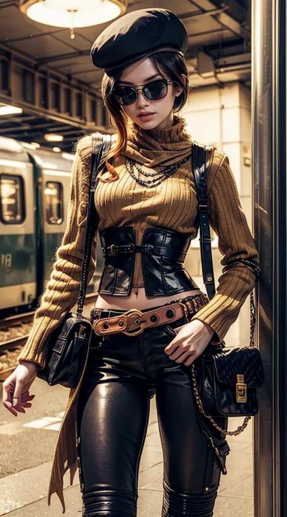 masterpiece, best quality:1.2), cowboy shot, solo, 1girl, coco adel, grin, looking at viewer, hand on hip, beret, sunglasses, orange sweater, corset, black gloves, pants, jewelry, belt, bandolier standing in train
