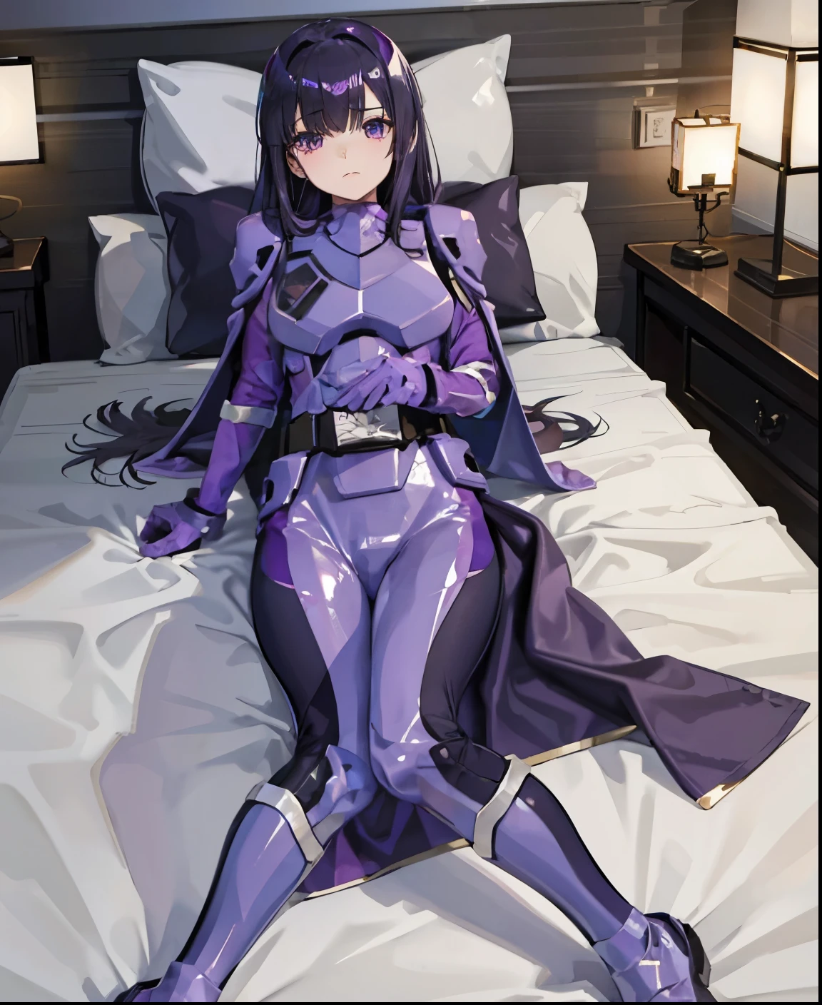 (Highly detailed CG), (highest quality), 1 girl, perfect face,  shiny skin, Glossy skin, wide hips,tight waist, solo 1 girl papillion auger, , cape, armor, belt, body suit, purple cape, purple body suit, gloves, buckle, black hair, left hair over one eye ,, purple eyes, No expression, long hair,Naked girl lying on bed, indoors,full body shot，