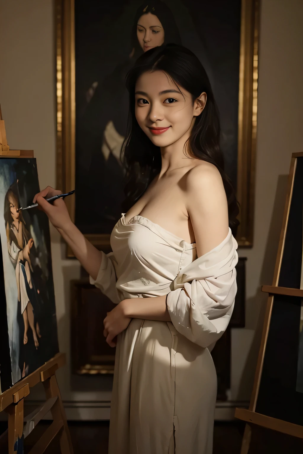 A woman paints an oil painting on a canvas in her atelier,Easel,antique,A smile,,Sweet and seductive appearance.、Caravaggio's paintings、Chiaroscuro of Caravaggio,,Cute smile, Expression of ecstasy,erotick,A sexy,Seduce you,pen,oil painting palet