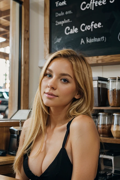 a portrait photo of a beautiful young woman in a coffee shop, looking at viewer, corps breckie_hill_new