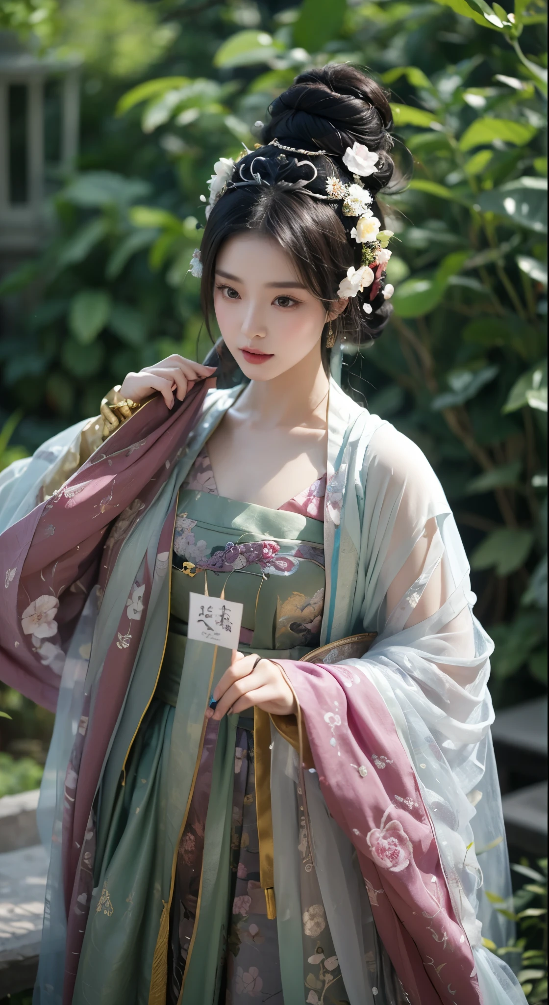 Close-up of a woman with a fan and flowers in her hair，a beautiful fantasy queen，ancient chinese princess，（a beautiful fantasy queen）），palace，A girl wearing Hanfu，ancient asian princess，chinese princess，Queen of China，beautiful figure painting，Beautiful Tang Dynasty rendering，Inspired by Lan Ying，royal elegant pose，ancient chinese art style
