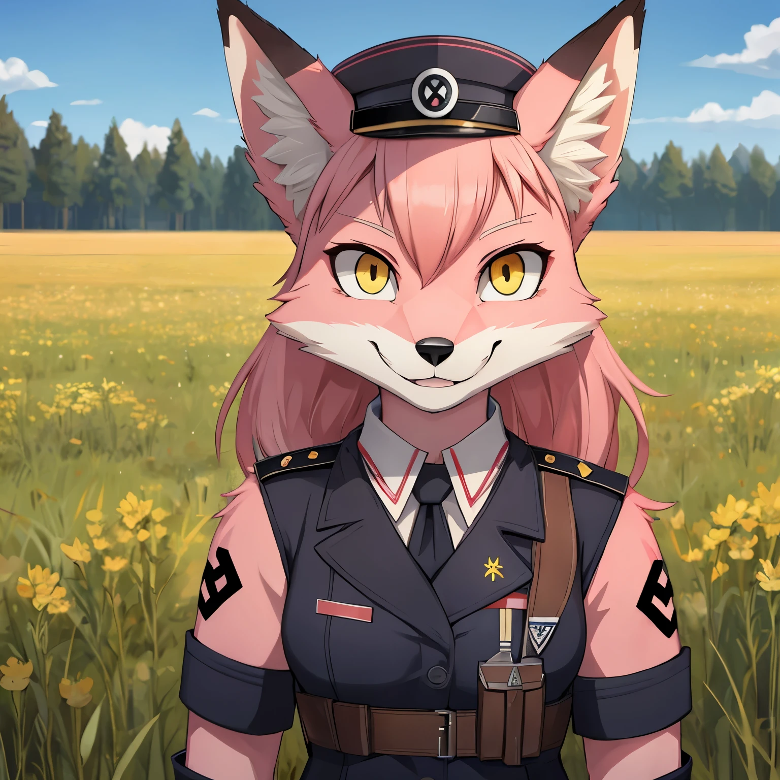 Furry, pink fur, fox, white chin, pink head, yellow eyes, combat nazi uniform, next to a tank, Field, smiling, looking at user, solo, pink fur all body, World War Two Nazi uniform, creepy face
