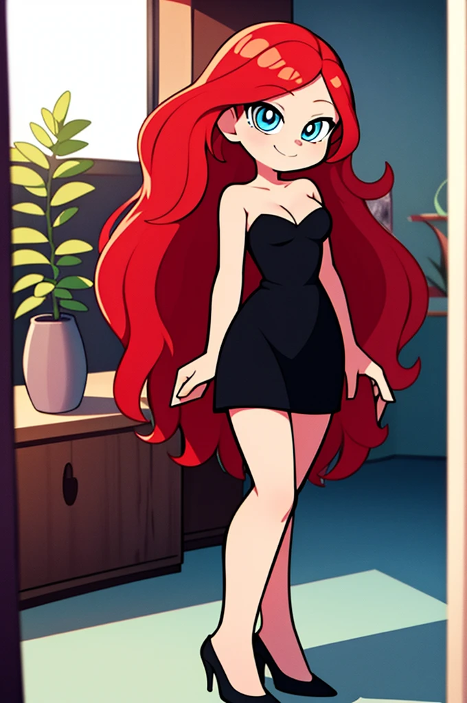 1 girl, Teenage, Red hair, Long Red hair, Medium Hair, Blue eyes, bare shoulders, little black dress, short black dress, skin-tight dress, black high heels, cleavage, standing up, Smile, room, indoor, window, daylight at the city, Sexy, masterpiece, High quality. 2D illustration