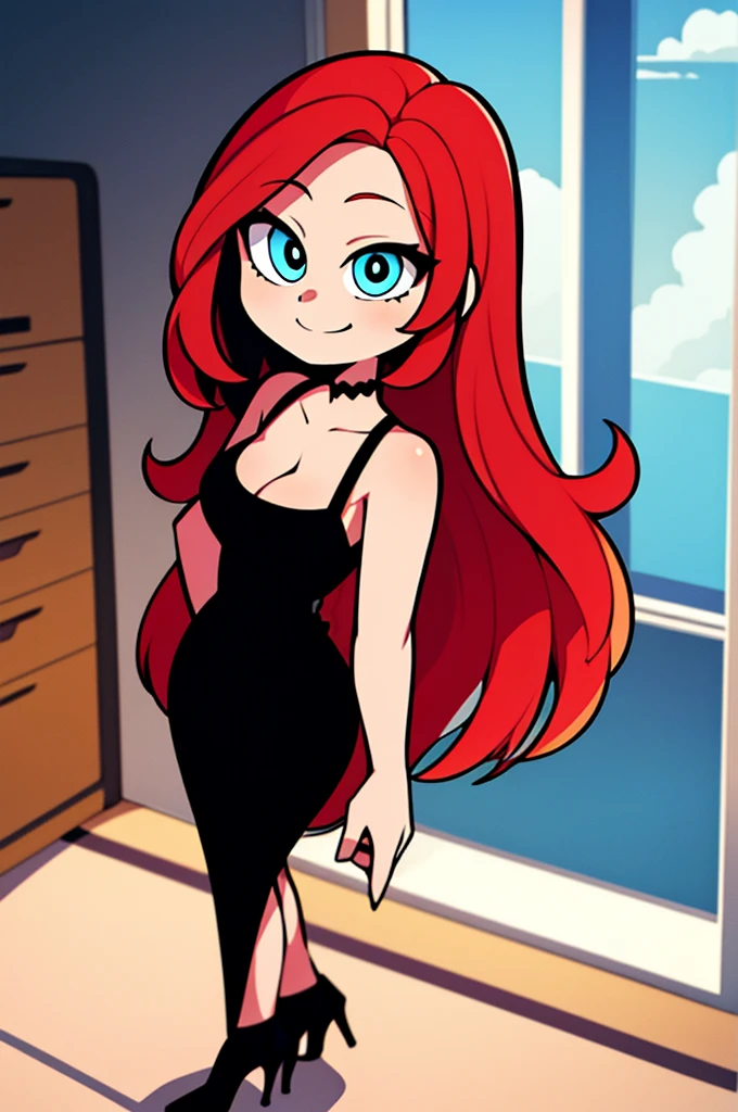 1 girl, Teenage, Red hair, Long Red hair, Medium Hair, Blue eyes, bare shoulders, little black dress, short black dress, skin-tight dress, black high heels, cleavage, standing up, Smile, room, indoor, window, daylight at the city, Sexy, masterpiece, High quality. 2D illustration