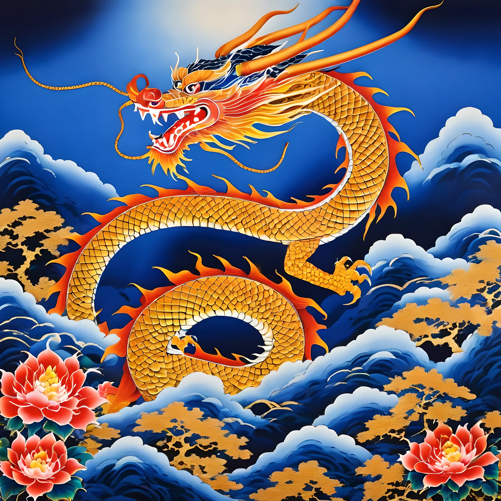 Dragon painting on blue background, airbrush painting by Kishi Ganku, Shutterstock Contest Winners, Cloisonnism, Ukiyo-e, detailed painting, knowledge sharing attribution, masterpiece, best quality, high resolution, illustration style, depth of field, Detailed bio, Detailed environment.

