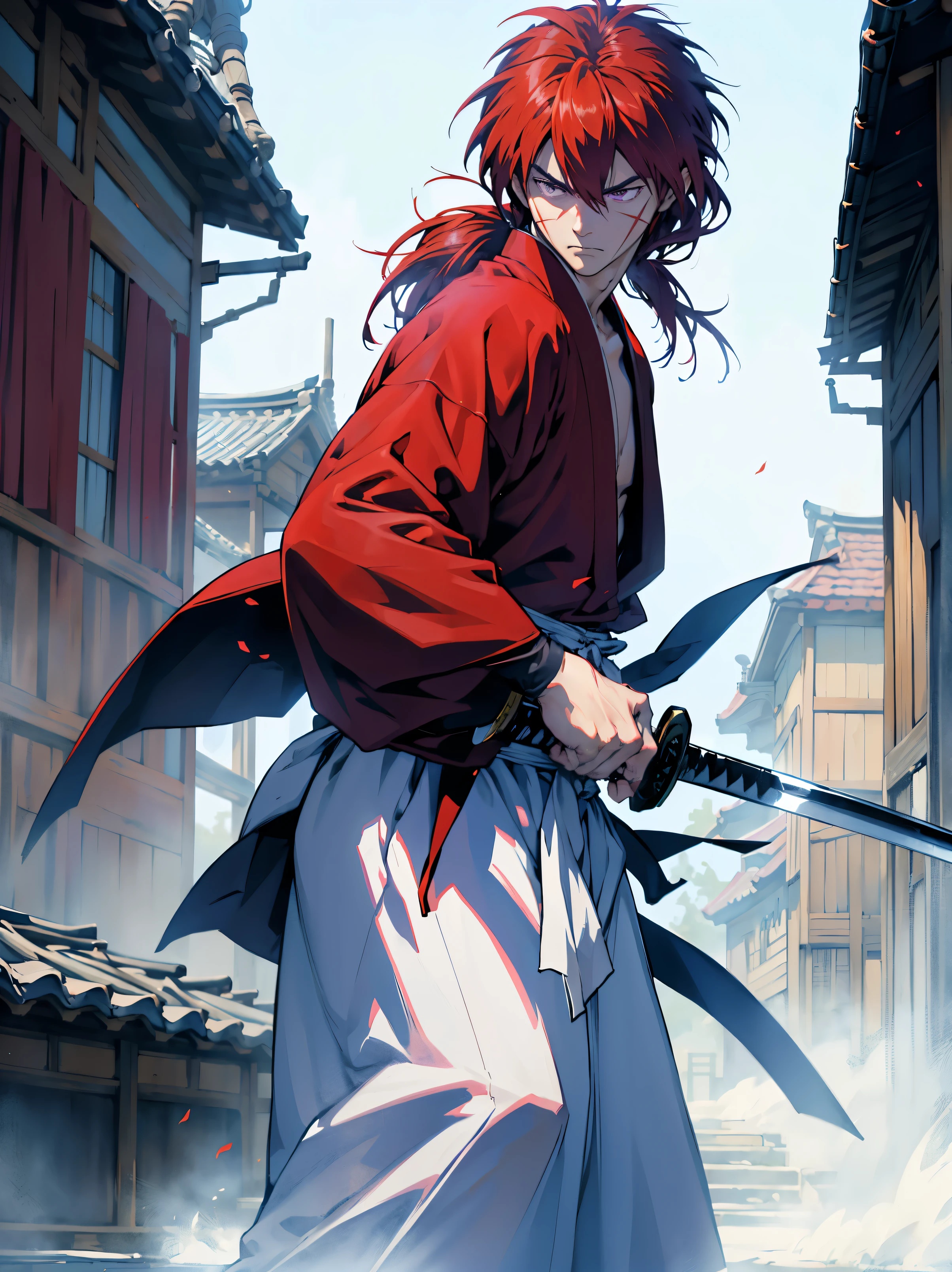 1boy,  solo, long hair,  skirt, purple eyes, male focus, red hair, 1katana_sword, hakama, scar on face, red kimono, samurai,  red ponytail,  Cross mark on cheek, Design amazing postereatures kenshin as the protagonist "Rurouni Kenshin" In the heat of the moment. Capture the essence of his burning determination and indomitable spirit，For he unleashed his anger on his enemies. Perfect Action, Keep it short, Bold, And strongly the raw power of Kenshin's anger, slashing , dramatic angle camera