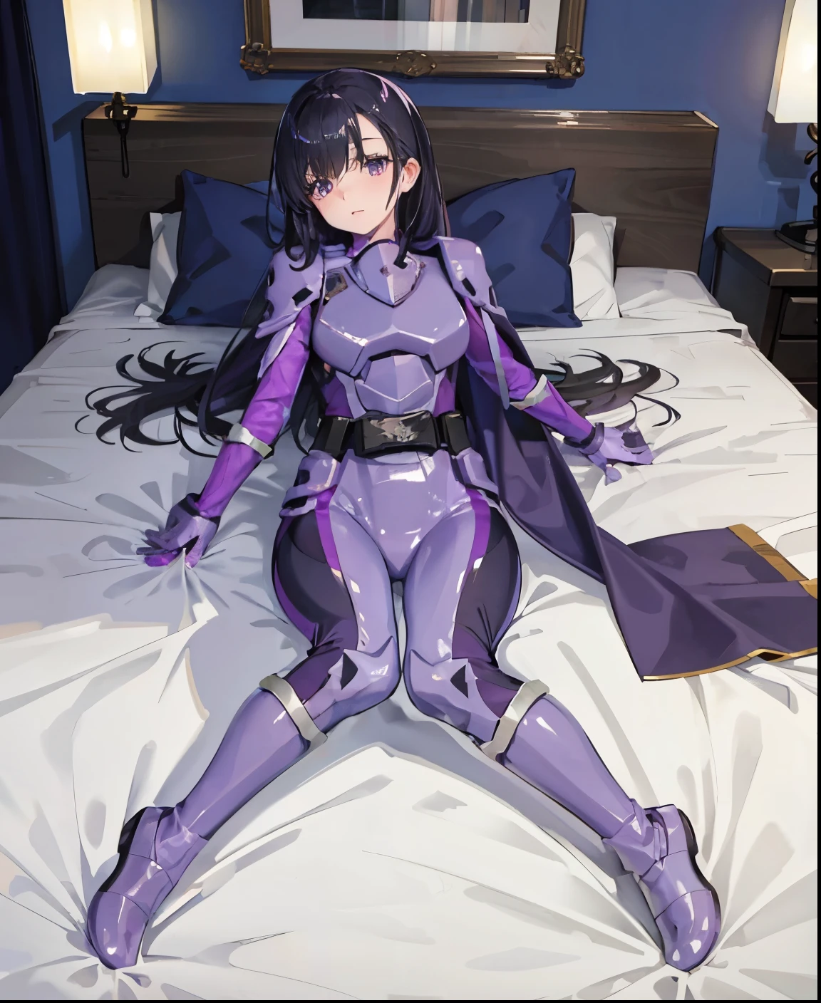 (Highly detailed CG), (highest quality), 1 girl, perfect face,  shiny skin, Glossy skin, wide hips,tight waist, solo 1 girl papillion auger, , cape, armor, belt, body suit, purple cape, purple body suit, gloves, buckle, black hair, left hair over one eye ,, purple eyes, No expression, long hair,Naked girl lying on bed, indoors,full body shot，