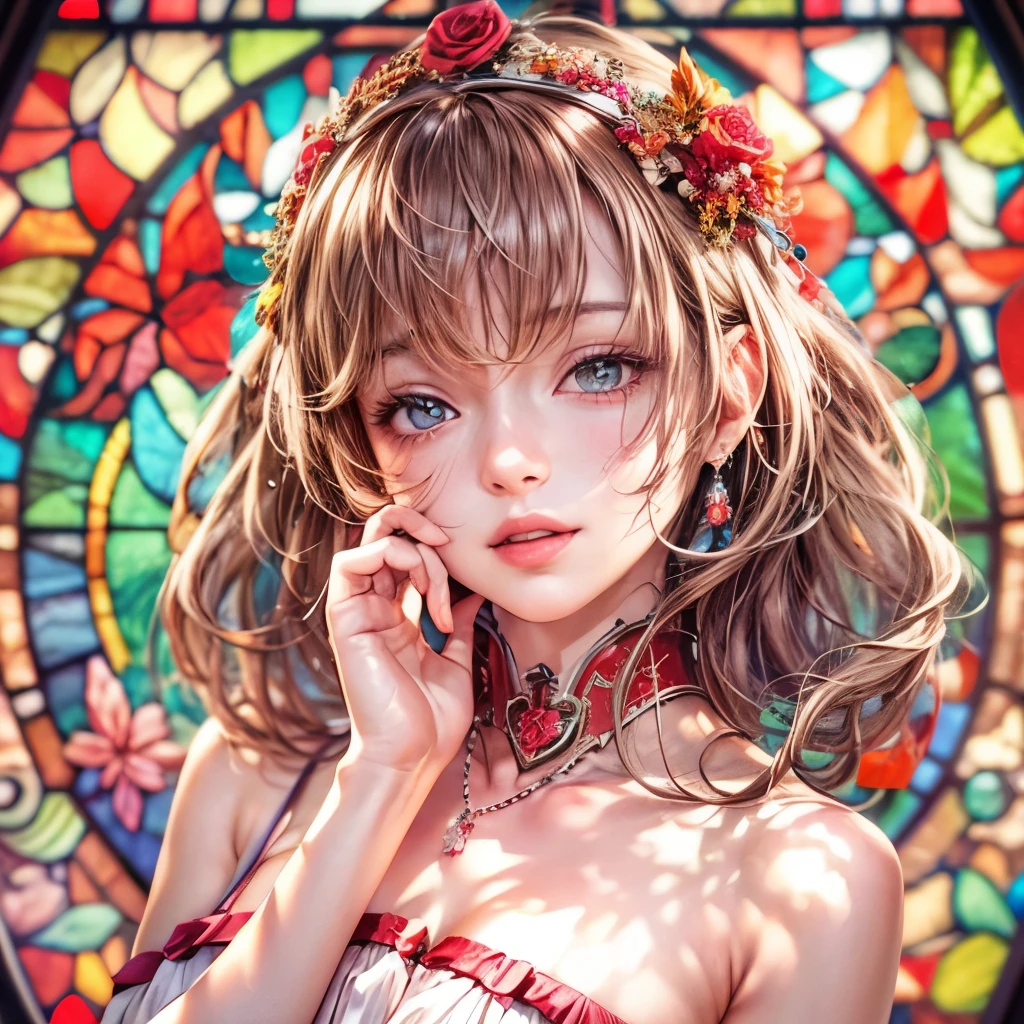 Sexy girl in ((WHITE)) and Delicate lace underwear, with Glossy RED lips, (Exposed:1.2), (nipple:-0.9), { closeup of Cute lips | Dynamic-angle }, ((Dazzling stained glass Background)), (( colorful Light shines through stunning elaborate stained glass:1.2)), vivid Red colors . ((Acutance:0.8, physically-based rendering)), (masterpiece:1.2), (ultra-detailed:1.35), (realistic, photorealistic, ((photo-realistic:1.37))with touch of rawness) . ((Renbutsu Misako)), (Extremely detailed KAWAII face variations, with Dynamic expressions),  detailed eyes with sparkling highlights, captivating gaze, long eyelashes, subtle blush on the face, rosy cheeks, impeccable oiled ivory skin texture . { full of flowers covering girl's body | Mystic sight | haze | Light Particle | Lens Particle | Lens Flare | Dazzling angle's Halo | (Red leather) high collar | Overflowing sideboob } . ((( not Detailed fingers:-0.9))) .