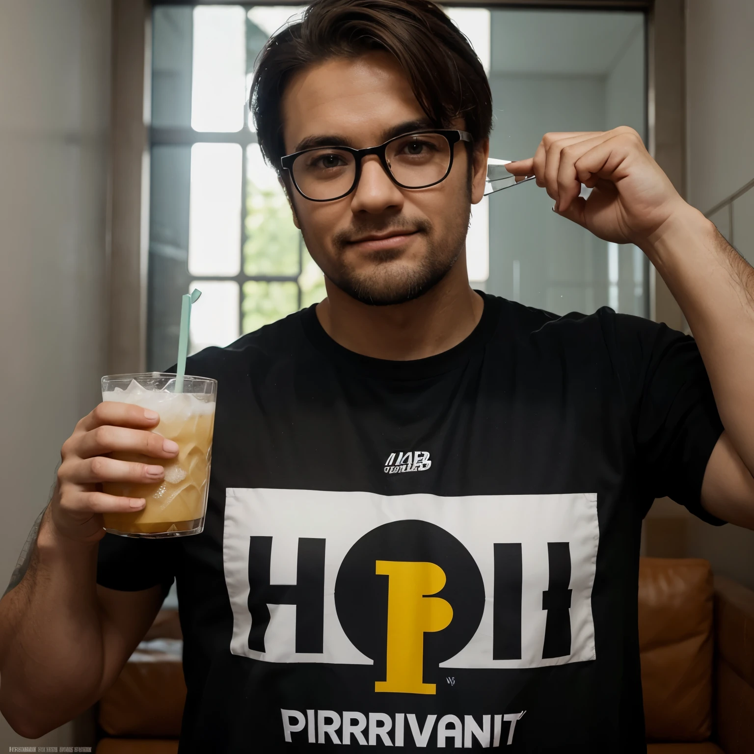 Criar uma imagem estilo Disney Pixar cartoon de um personagem homem de aproximadamente 35 anos cabelo castanho escuro, partido ao meio, wearing round glasses with black frames, his face is slightly rounded. He is wearing a black t-shirt that says Herbalife, he has strong arms and is holding a transparent glass with a two-color drink, roxo em baixo e amarelo em cima, the glass is full of ice, tem um canudo e por fora tem uma etiqueta escrito Hype Drink. He is within a Healthy Living Space, que tem mesas em madeira e as paredes na cor de cimento queimado. Nas prateleiras tem potes de shake da Herbalife