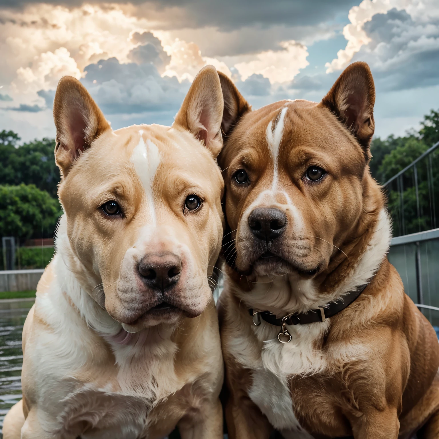 XL American bullie dogs crossing into the beautiful heavens, golden clouds, and rain pouring, XL American bullie dogs crying,detailed eyes and face, long eyelashes,best quality, highres, realistic, vibrant colors, vivid lightning