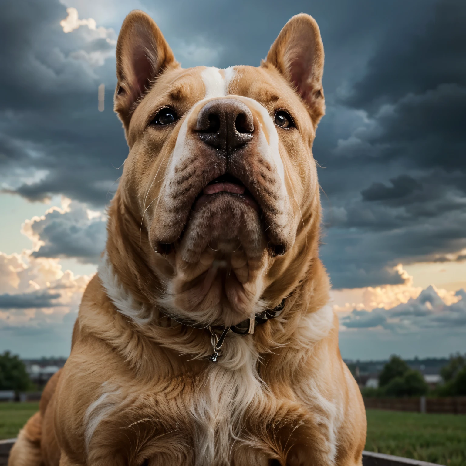 XL American bullie dogs crossing into the beautiful heavens, golden clouds, and rain pouring, XL American bullie dogs crying,detailed eyes and face, long eyelashes,best quality, highres, realistic, vibrant colors, vivid lightning