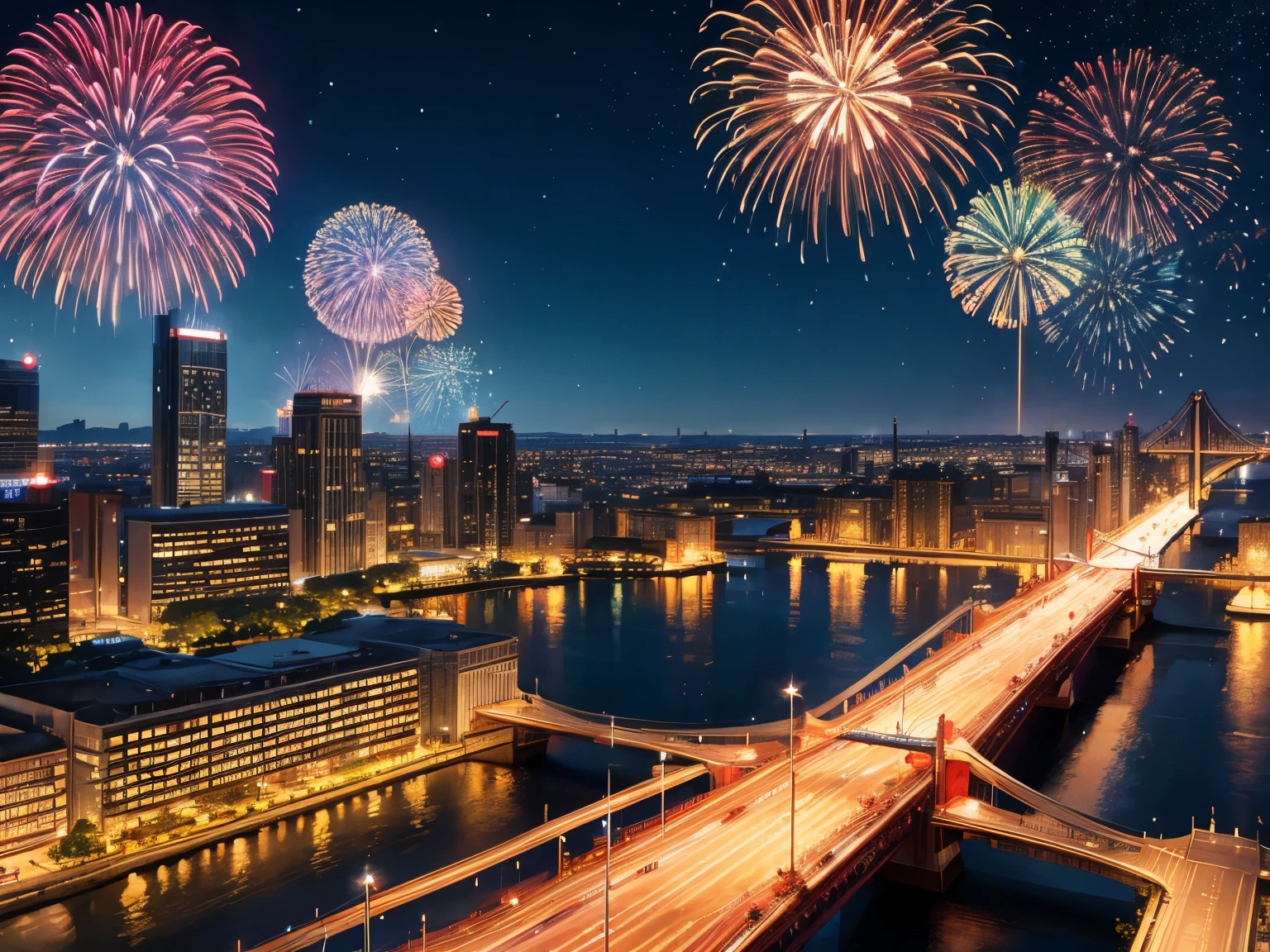 Envision a cityscape with bridges adorned in patriotic lights and fractal fireworks bursting overhead, creating a dynamic and interconnected celebration. enormous tits高楼大厦