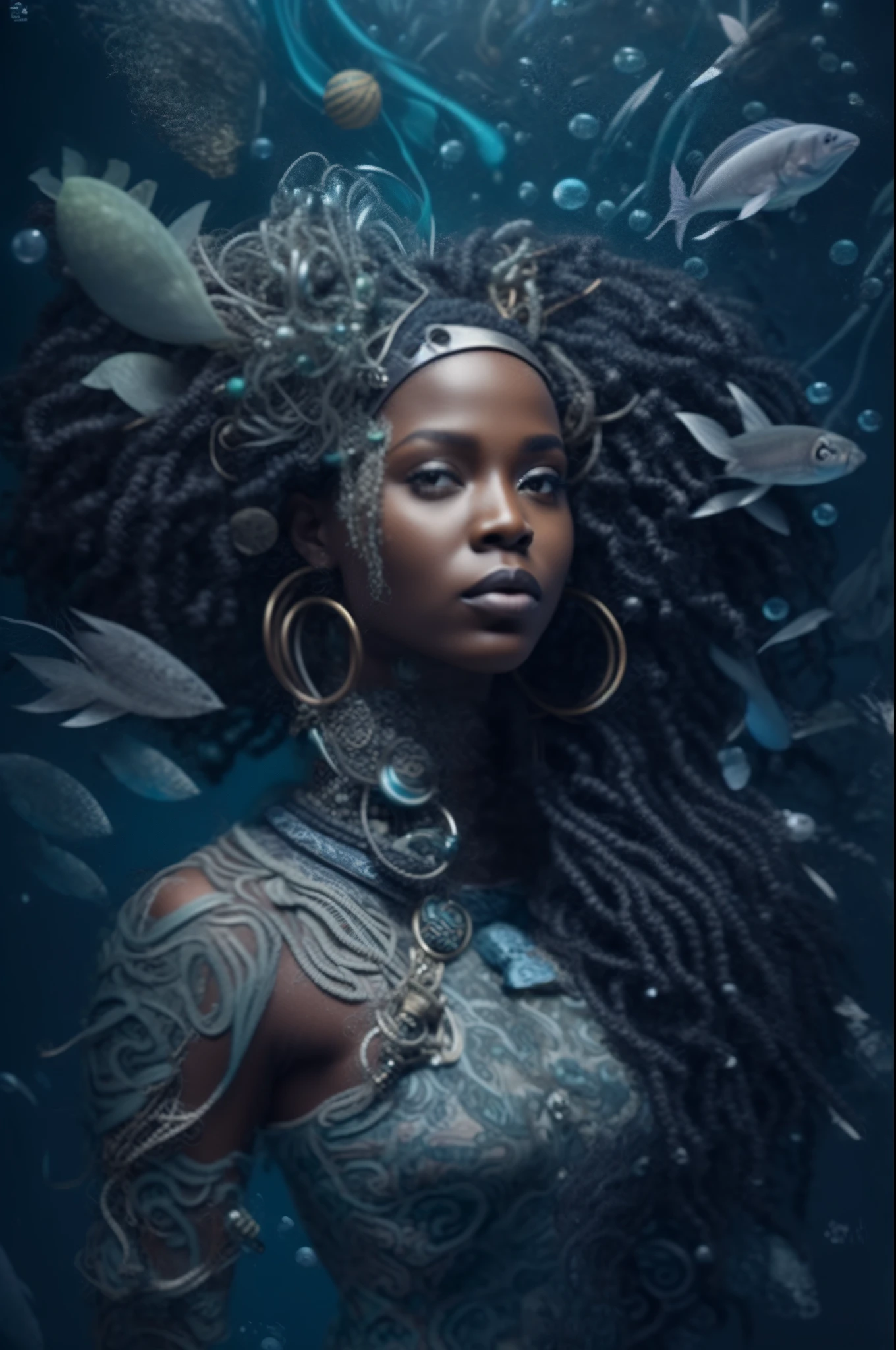 uma mulher com dreadlocks e um corpo coberto de peixes, Retrato da sereia negra, afrofuturismo, estilo afrofuturismoo, pele escura deusa feminina do amor, Deusa do Oceano, Retrato do guerreiro da sereia, Afrofuturista, epic 3 d yemaya, afrofuturista, Deusa do Mar, futurismo afro, photoshoot real rainha dos oceanos, Retrato da rainha sereia