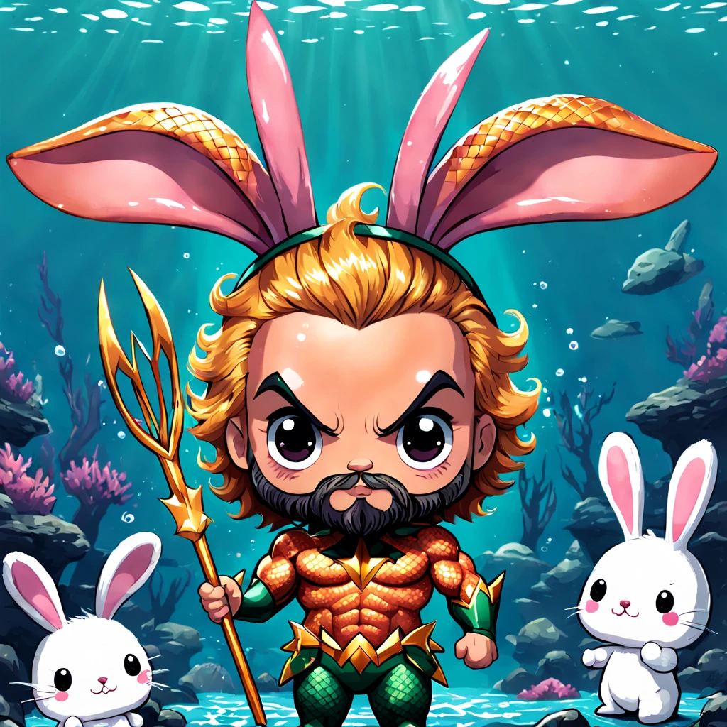 Aquaman with bunny ears , in kawaii art style