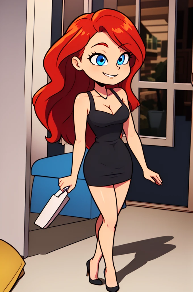 1 girl, Teenage, Red hair, Long Red hair, Medium Hair, Blue eyes, bare shoulders, little black dress, short black dress, skin-tight dress, white high heels, cleavage, standing up, Smile, room, indoor, window, daylight at the city, Sexy, masterpiece, High quality. 2D illustration