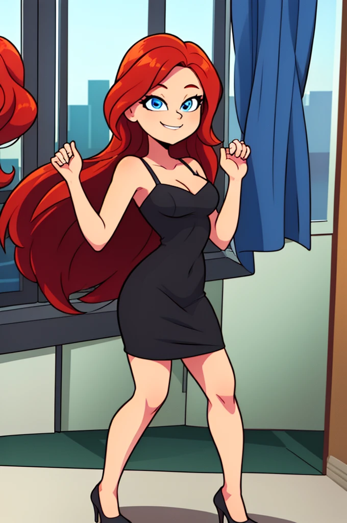 1 girl, Teenage, Red hair, Long Red hair, Medium Hair, Blue eyes, bare shoulders, little black dress, short black dress, skin-tight dress, white high heels, cleavage, standing up, Smile, room, indoor, window, daylight at the city, Sexy, masterpiece, High quality. 2D illustration 