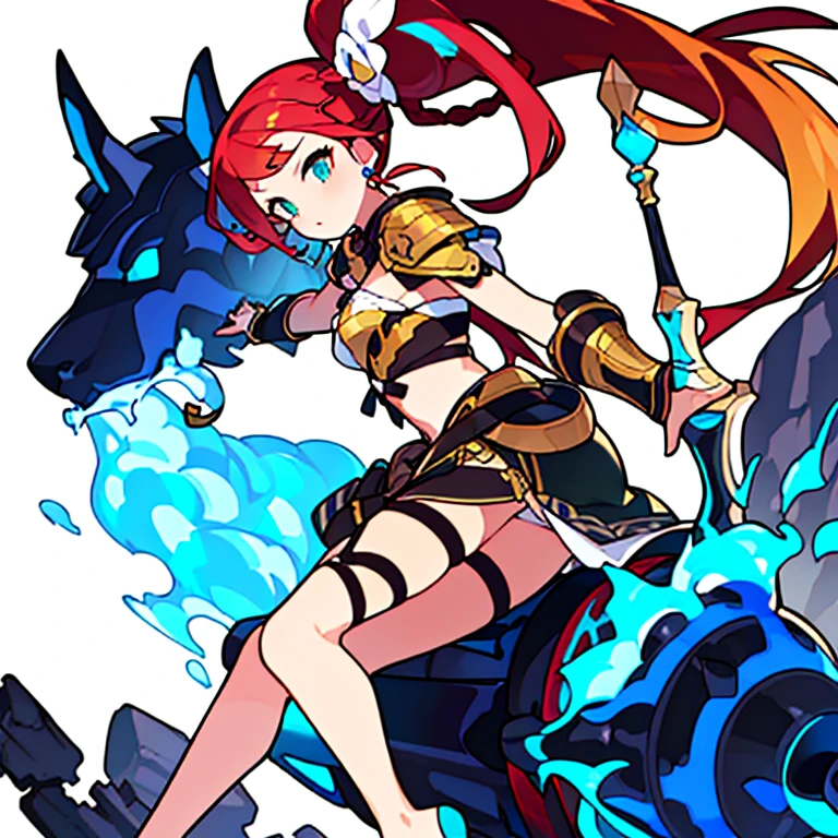 (((8k,Best Quality)), Masterpiece, outdoor, girl, holding sword, action pose, gauntlet, trail effect, feet out of frame, looking at viewer, bikini armor, variety of hairstyles, variety of hairstyles, solo, twin-tail hair style, pony-tail hair, wavy long hair, braid, parted bangs, high ponytail, low ponytail, big hair, cornrows, hair bun, hair rings, half updo hairstyle, diagonal bangs, two side up hair, flipped hair, blunt bangs, brown hair color, red hair color, yellow hair color, white hair color, purple hair color, blue hair color, feet out of frame, full body, white background, profile,