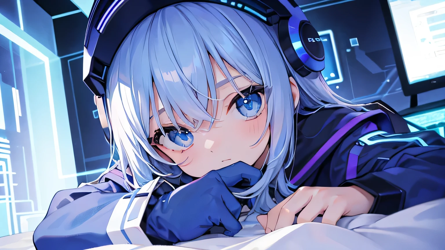 cyber. fundo cyber, cabelo branco olho azul roupa cyber, loli, dormindo.