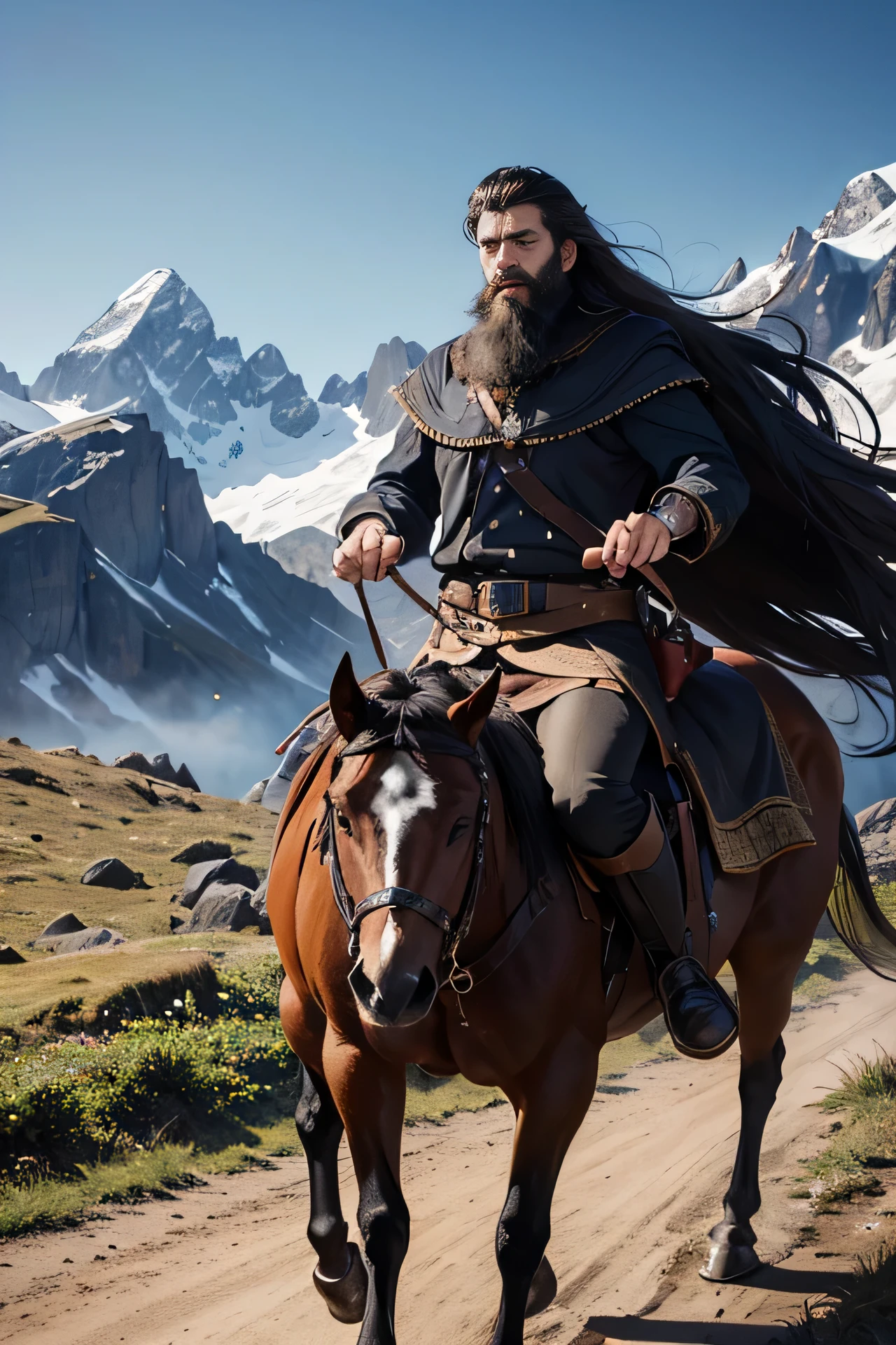 Best quality, masterpiece, ultra high res, (photorealistic:1.4), detailed face, detailed eyes, raw photo, young handsome male, black hair, (full body), perfect face, perfect hands, perfect eyes, view from top, (mountain background:1.2), (night), riding a horse, big strong man with beard