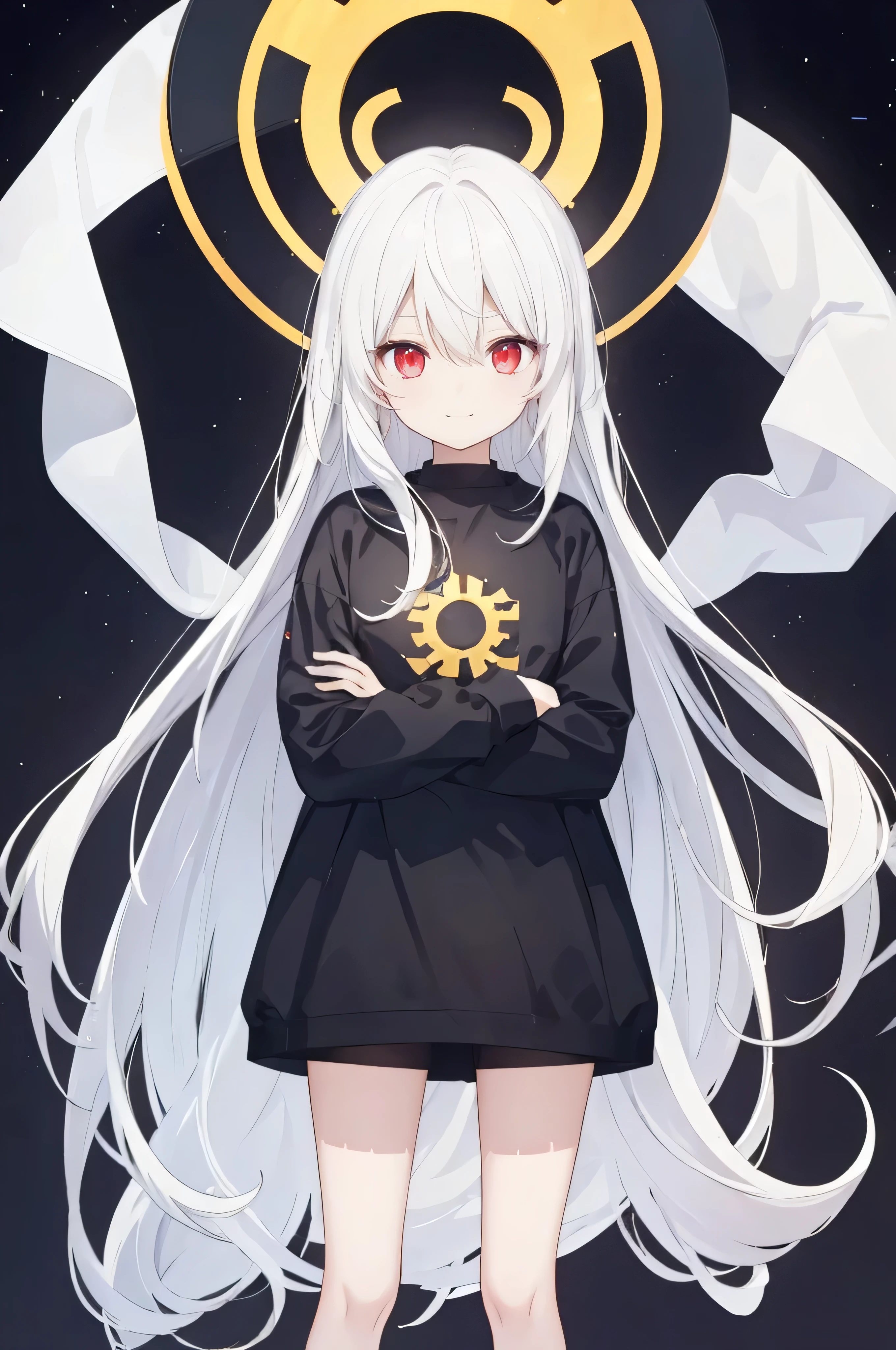 subtle smile，look into camera，Stand sideways，回头look into camera，white long straight hair，Hair has turned white，white hair，bright red eyes，Highlights in eyes