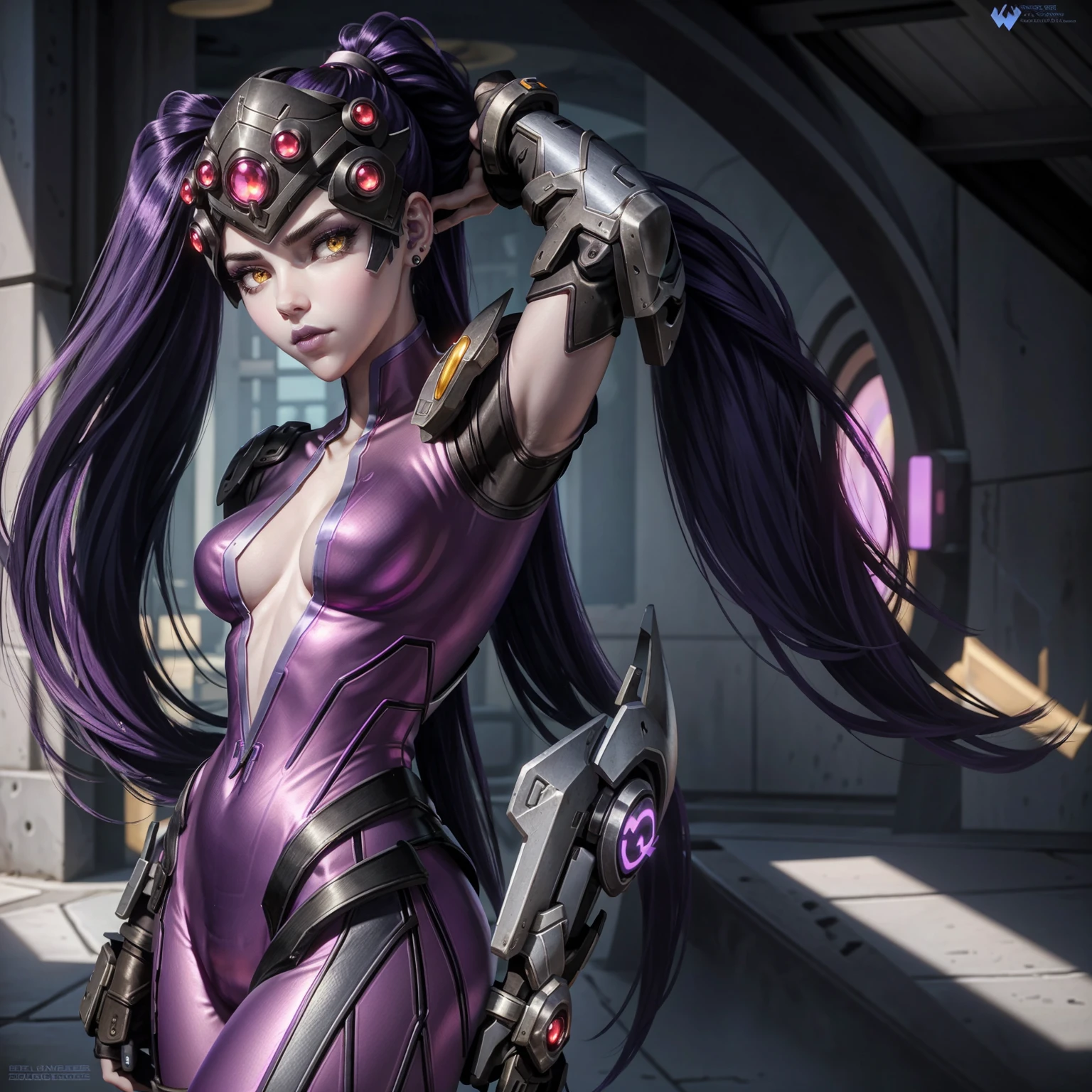 WidowOver, 1girl, widowmaker (overwatch), solo, head-mounted display, yellow eyes, long hair, colored skin, purple skin, ponytail, purple lips, jewelry, earrings, bodysuit, hair pulled back, lips, breasts, purple hair, upper body, stud earrings, makeup, looking at viewer, nose, lipstick, pink bodysuit, pauldrons, shoulder armor, medium breasts, closed mouth
