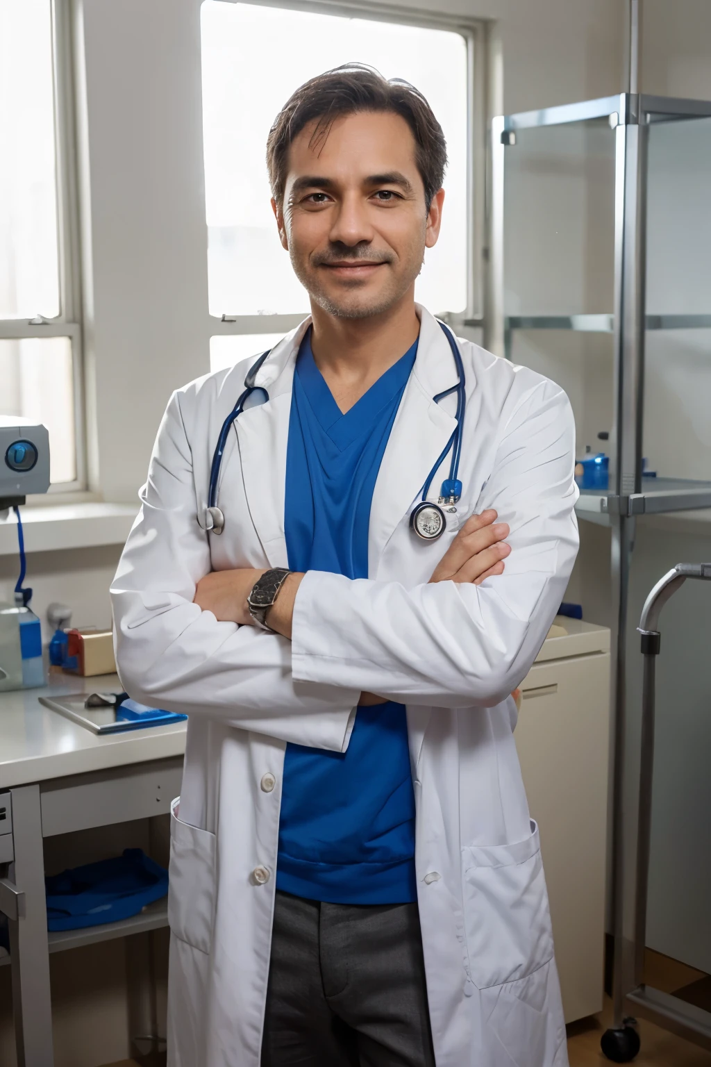 Middle-aged male doctor of medicine,protrait photo,half body,Smile,laboratory background