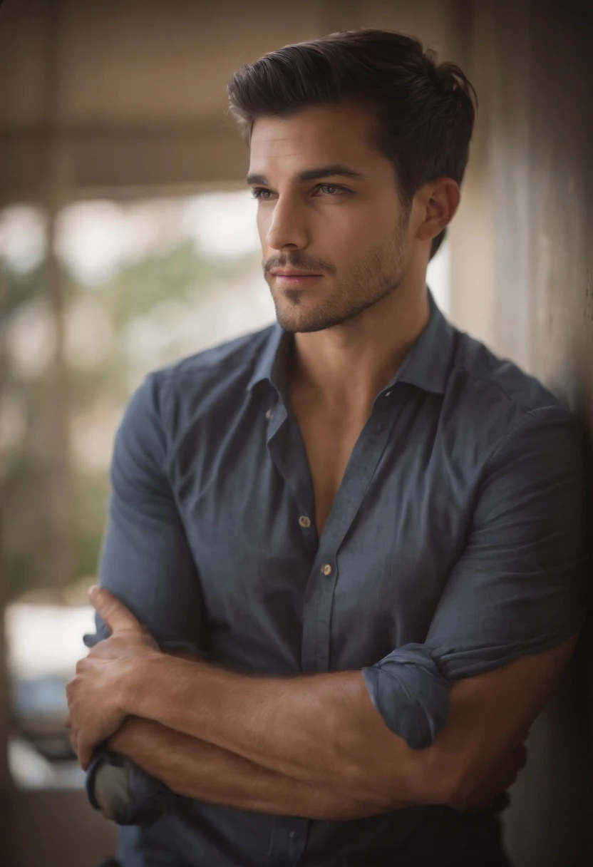 Male around 28 years old, Cabello negro natural, Camisa, VELLO, USAR SOLO UNA TOALLA ALREDEDOR DE LA CINTURA, Esvelto, Luz de velas en un ambiente brillante, Ultra Sharp Focus, tiro realista, Camisa