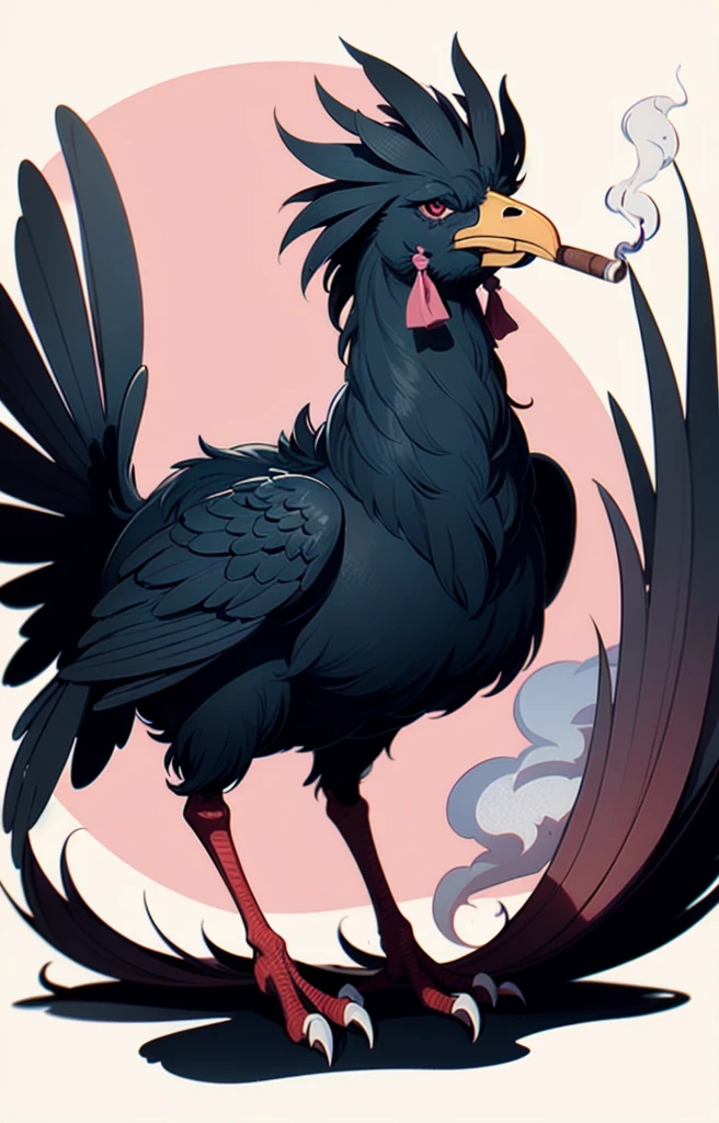 STYLE: kids illustration | SUBJECT: a playful prized black Rooster, (smoking a cigar: 1.3) | AESTHETIC: super kawaii, bold outlines | COLOR PALETTE: pastel | IN THE STYLE OF: Sanrio