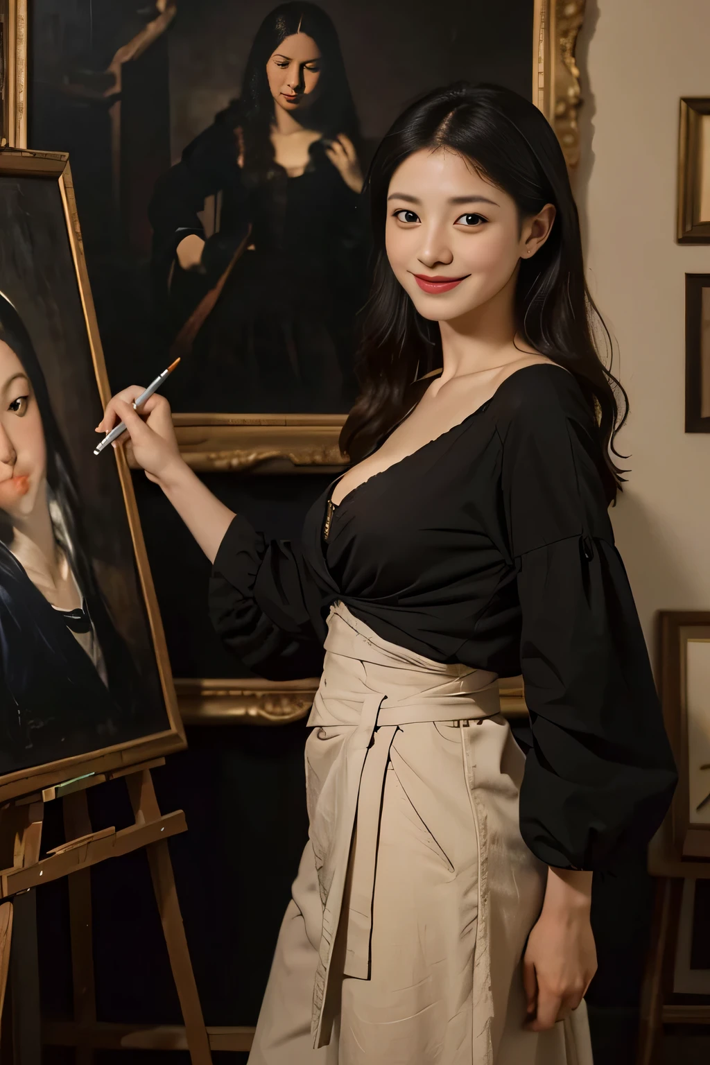 A woman paints an oil painting on a canvas in her atelier,Easel,antique,A smile,,Sweet and seductive appearance.、Caravaggio's paintings、Chiaroscuro of Caravaggio,,Cute smile, Expression of ecstasy,erotick,A sexy,Seduce you,pen,oil painting palet
