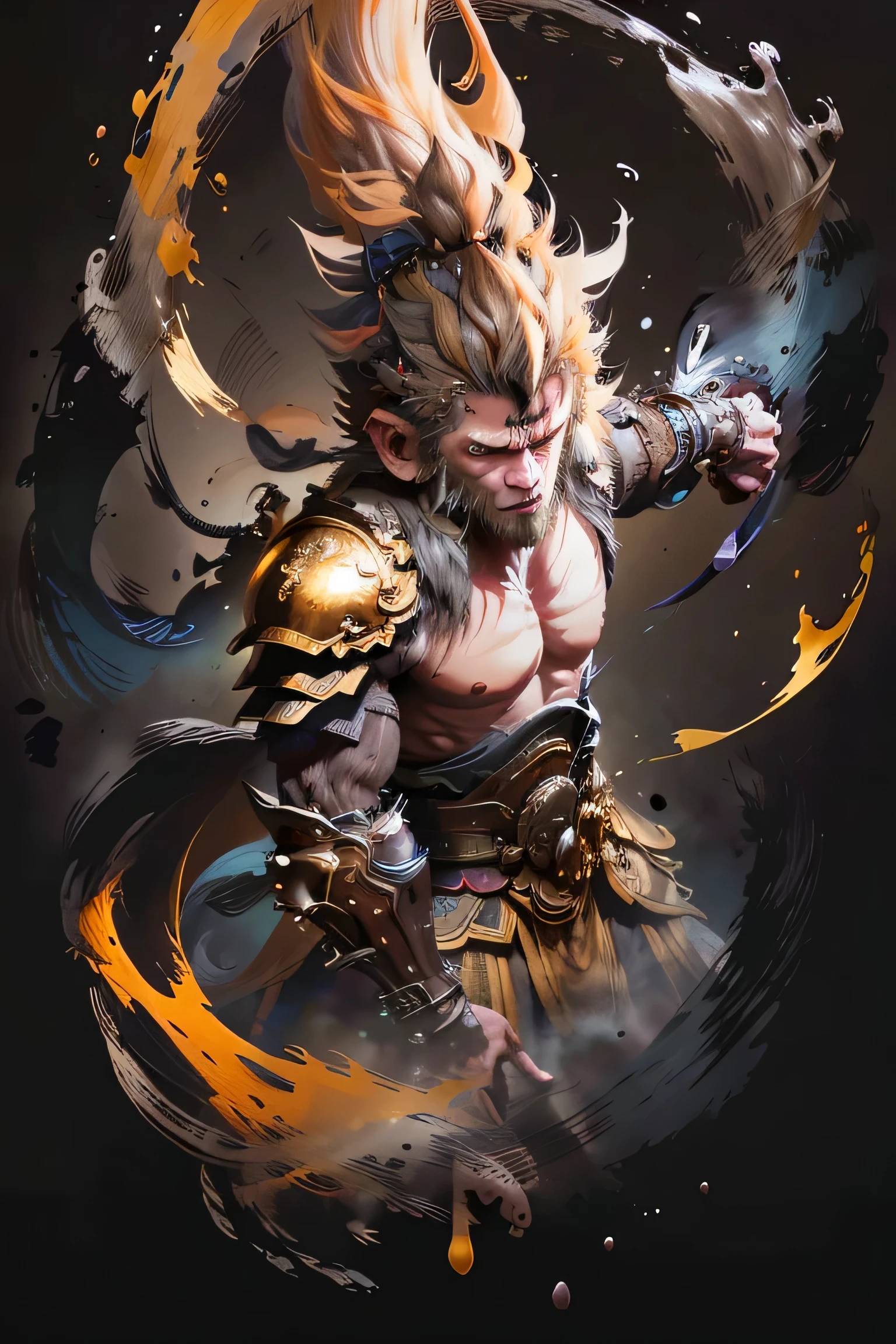 (masterpiece, best details), mythical creature, sun wukong, golden hair, wear golden circlet, wear traditional garb armor, Grasp the staff with both hands and swing it vigorously,（abstract ink splash：1.2），Combat posture