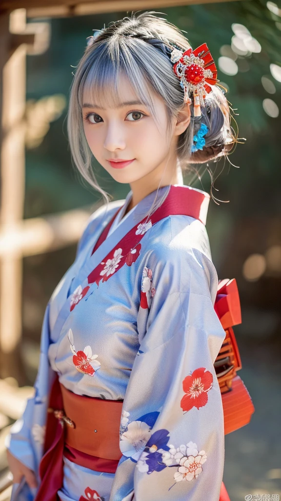 1girl,cowboy shot,standing,wears an ornament on the head,Japanese traditional hair set,(kanzashi,Red Kimono,highest grade obi,Kimono of Kyo Yuzen,Furisode,Japanese style floral pattern:1.5),New Year,There&#39;s a little snow left,best quality,In 4K,8K,High resolution,muste piece:1.2,Reality,anatomically correct,Use natural light and color,ultra-realistic capture, extremely detailed,人間の皮膚のHigh resolution16kクローズアップ,Skin texture must be natural, Enough detail to finely identify pores, skin should look healthy,fine white skin,medium breasts,Tits sharp focus,with an even tone,Super detailed,highly detailed eyes and face,beautiful detailed eyes,beautiful detailed lips,long eyelashes,It&#39;s photorealistic:1.37,Japanese,beautiful and magnificent composition,muste piece,Attractive,cute type,silky smooth hair,seductive smile,round face,((silver hair color))
