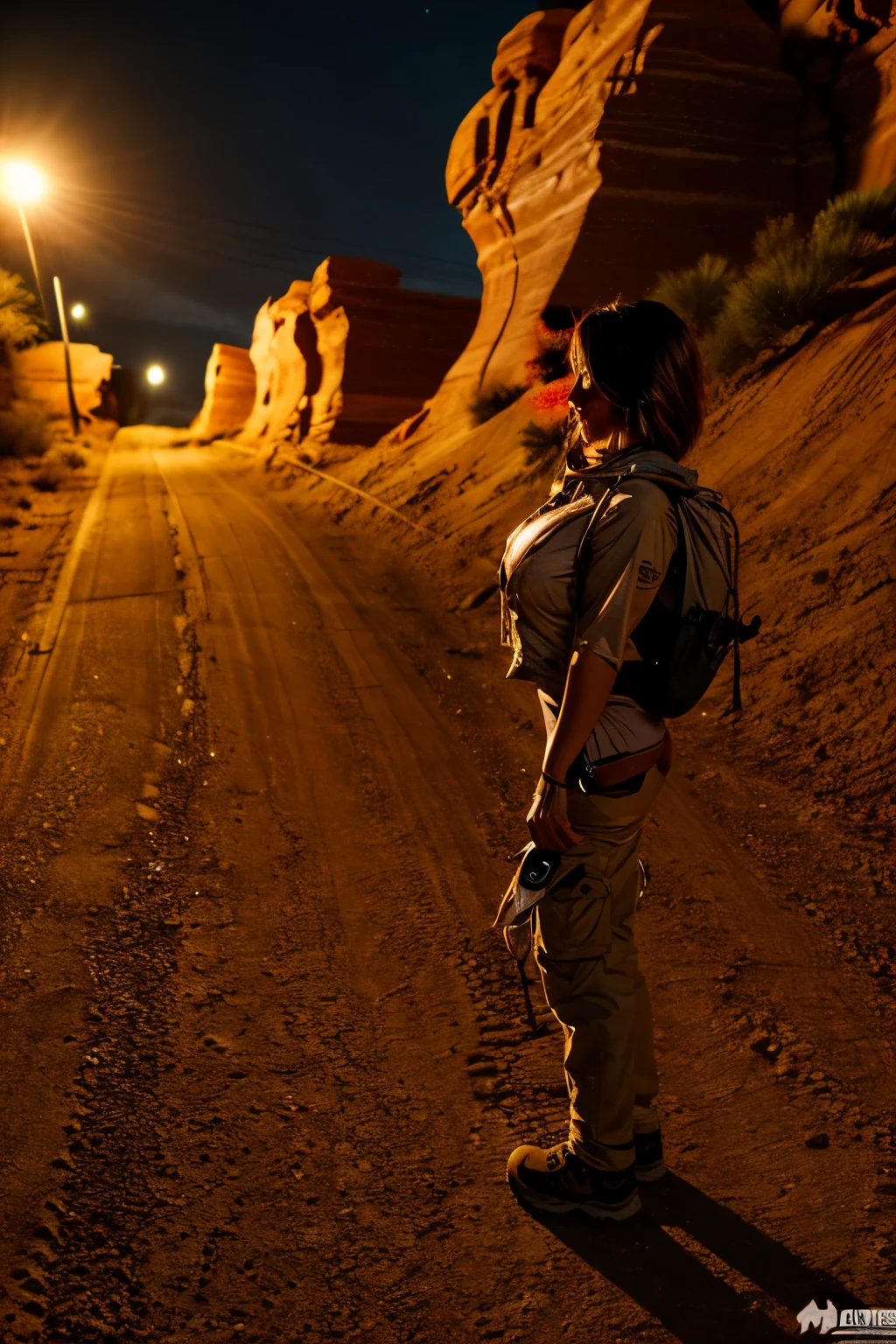 desert canyon at night, beautiful busty in adventure fashion standing, giga_busty
