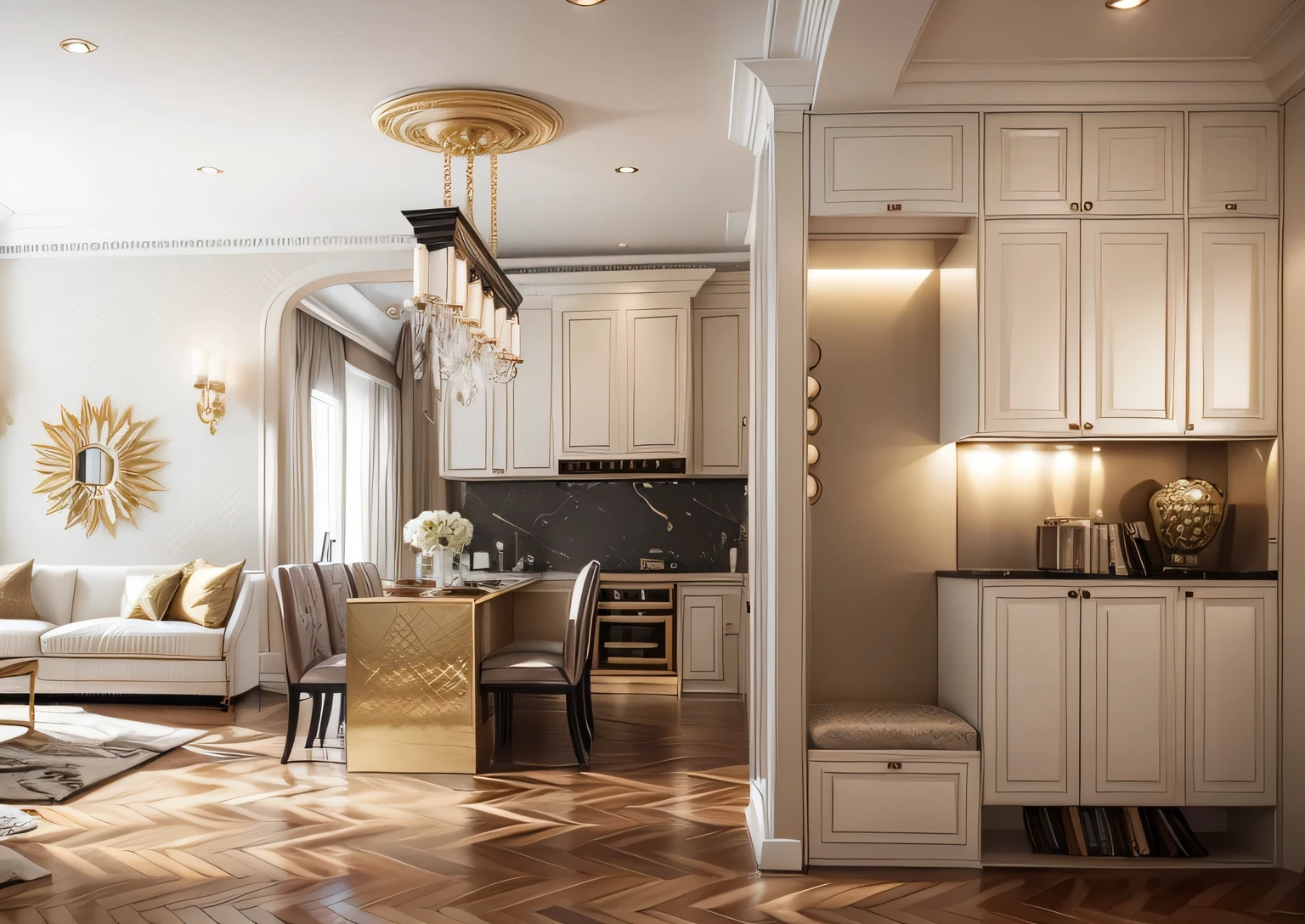 Color and Tone: Main Tone: Use neutral color palettes such as white, gray, or beige to create a sense of luxury, cleanliness, and sophistication. Accent Colors: Apply one or two vibrant colors like red, blue, or deep purple to create focal points and balance within the space. Furniture and Décor: High-Quality Furniture: Choose furniture made from sturdy materials like solid wood or elegant metals to showcase luxury and prestige. Ornate Details and Patterns: Incorporate intricate patterns on furniture pieces, such as on sofas, cabinets, or fabrics, to create emphasis and complexity in the space. Layout and Space Design: Elegant Arrangement: Design an open space while maintaining privacy and coziness in each room. Architectural Details: Implement distinctive architectural features like ornate columns, wall patterns, or decorative paintings to create uniqueness and focal points in the space. Details and Accessories: Luxurious Decoration: Utilize decorative items like sparkling chandeliers, gold or silver-plated decor to enhance the opulent beauty and sophistication of the apartment. Creating Focal Points: Use classic mirrors, jewelry boxes, or vintage-style elements to add uniqueness and sophistication to the space. A delicate blend of these elements will create an impressive and distinctive Neo-Classical interior design for your 80m2 apartment.