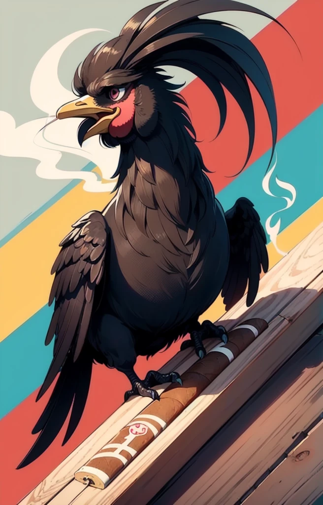 STYLE: kids illustration | SUBJECT: a prized black Rooster, (smoking a cigar: 1.3) | AESTHETIC: super kawaii, bold outlines | COLOR PALETTE: pastel | IN THE STYLE OF: Sanrio