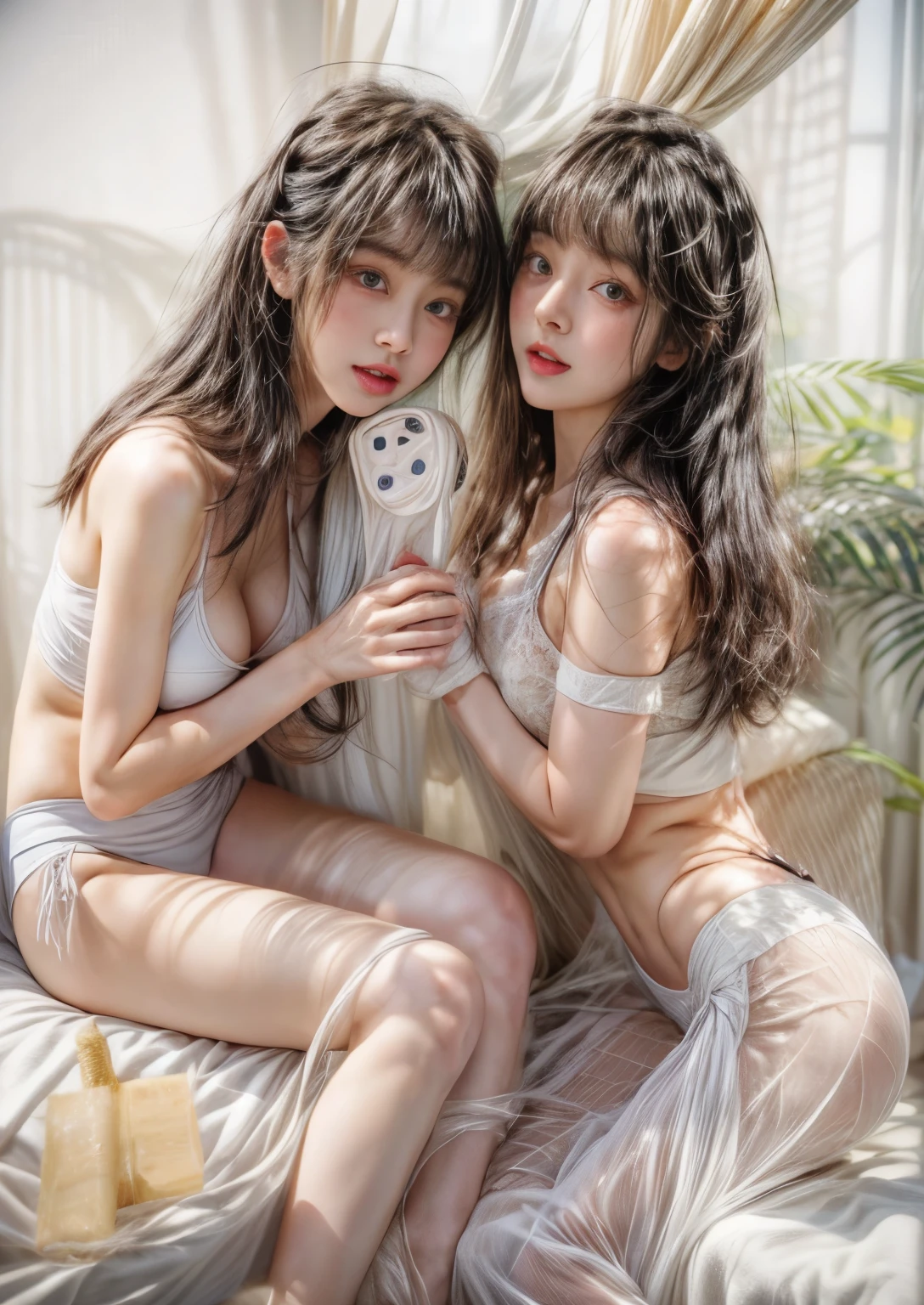 masterpiece、8k、32K、highest quality、(detailed eye)、(cute japanese woman、bangs:1.3)、23 years old、2 girls、elegant、(underwear:1.1)、plant、(huge cleavage:1.2)、please sit on the sofa、(black haired、length:1.4)、Beautiful legs in espadrilles