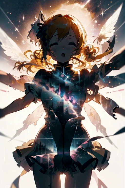 1 girl, cowboy shot, solo, perfect anatomy, standing, spread arms, mami tomoe, masterpiece, best quality, highres, big breast, closed eyes, :o, (fluttering skirt, white panties:1.2), double exposure, sacred, glitter, torn clothes, silhouette