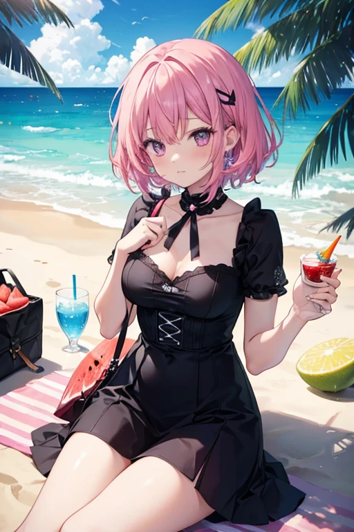 a pink haired woman with violet eyes with an hourglass figure with short hair is eating watermelon on a beach
