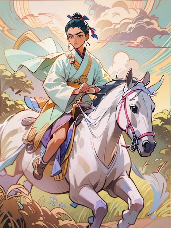 handsome teenager, Asian, wearing white hanbok, There is no pattern, riding a white horse, Run through the fields, in the street, White clouds connect the earth, china ancient, Shang Dynasty, The ratio between people and horses is correct., masterpiece, super detail, Awards, best quality, Anatomically correct